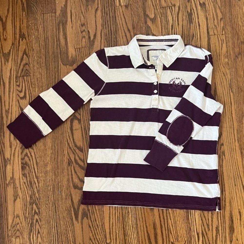 Vintage American Eagle Polo Shirt Adult XL/L Rugby Burgundy White Stripes LS Y2K